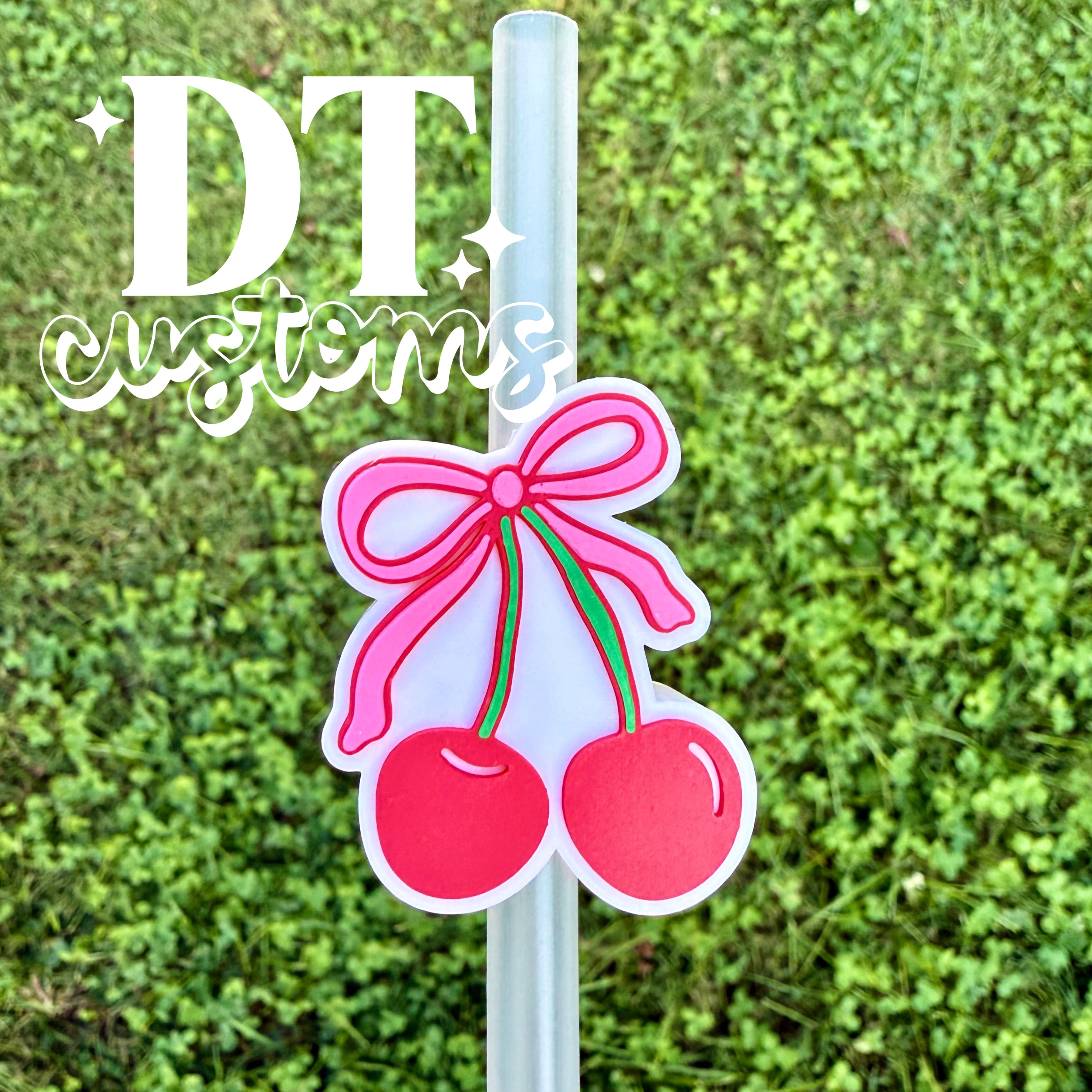Wholesale Pink Bow Cherries 3D Straw Topper