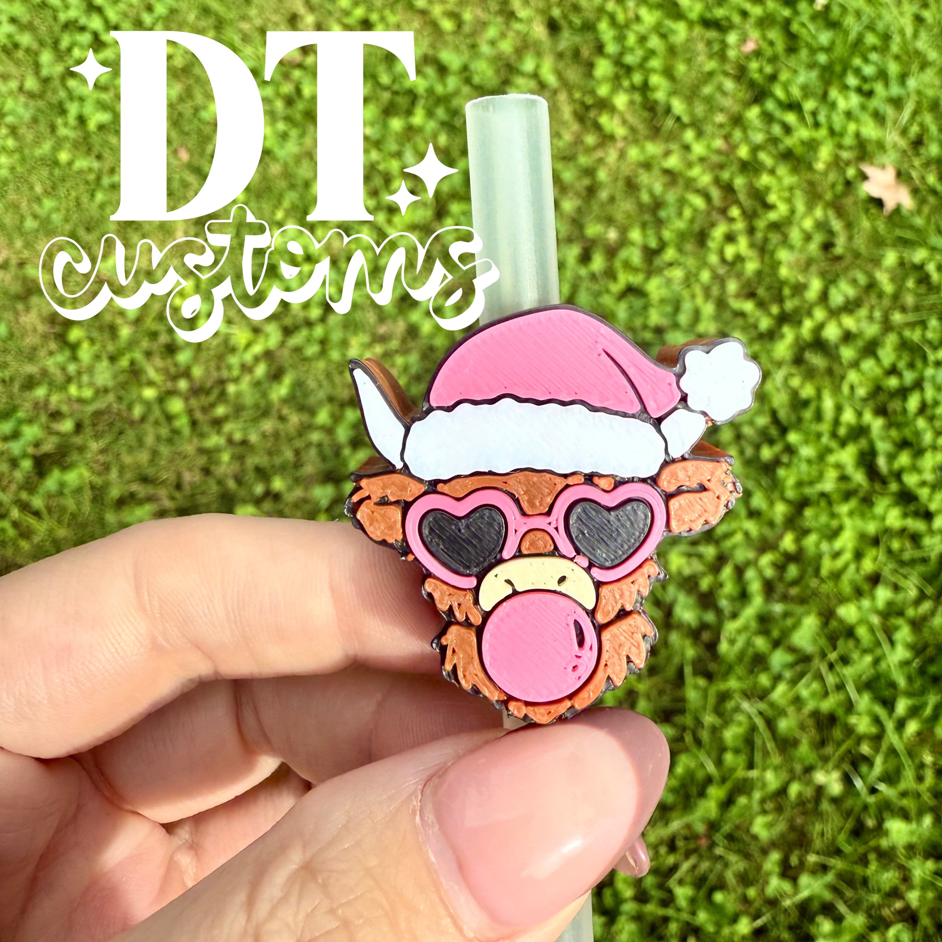 Wholesale Christmas Bubblegum Highland Cow 3D Straw Topper
