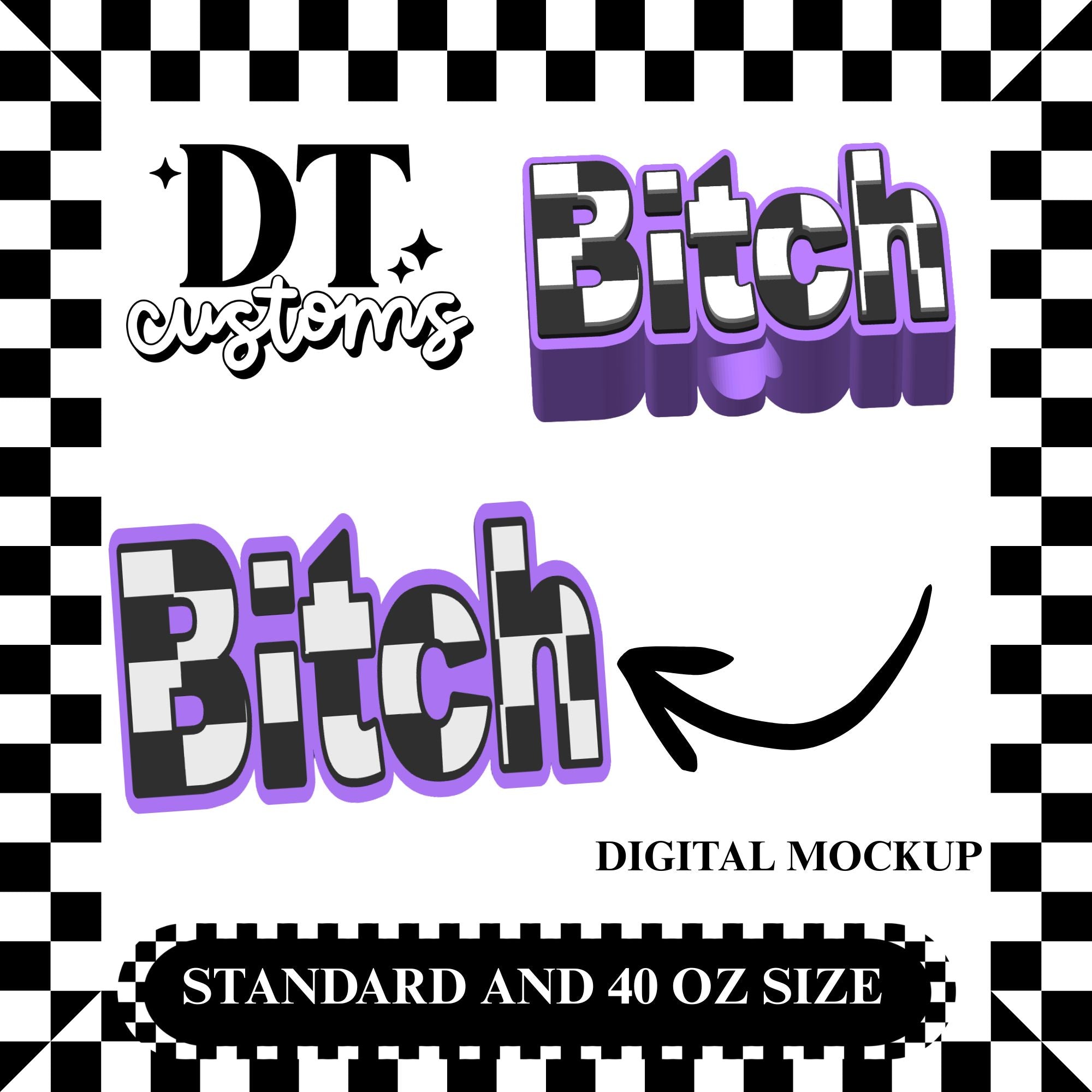 Wholesale Purple Checker Bitch 3D Straw Topper