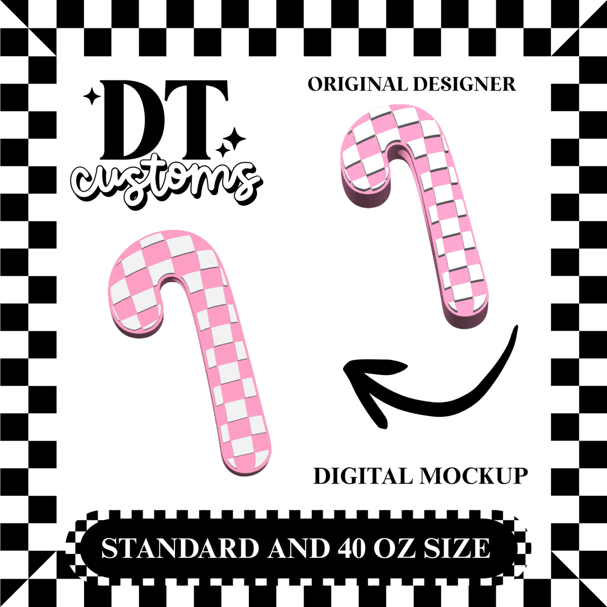 Wholesale Pink Checker Candy Cane 3D Straw Topper Designed By DT Customs
