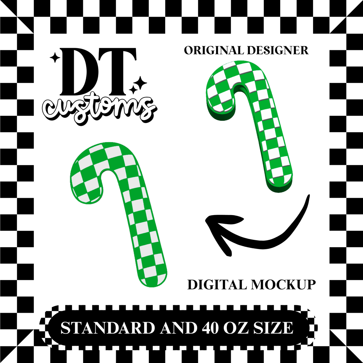 Wholesale Green Checker Candy Cane 3D Straw Topper Designed By DT Customs