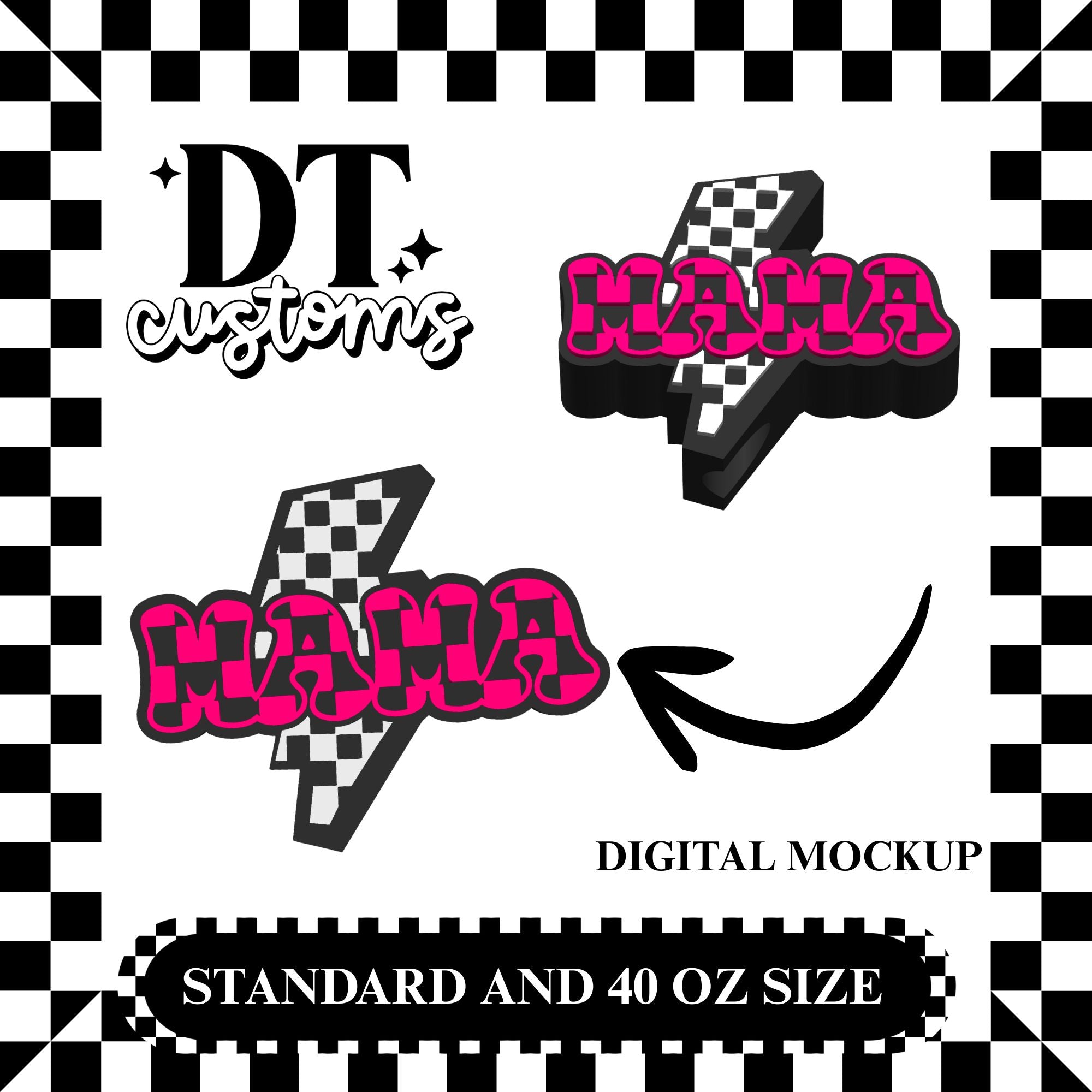 Wholesale Pink Checker Mama Bolt 3D Straw Topper