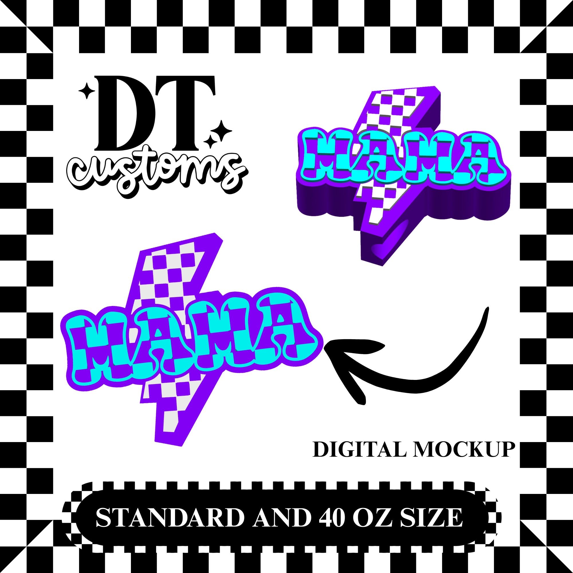 Wholesale Teal/Purple Checker Mama Bolt 3D Straw Topper