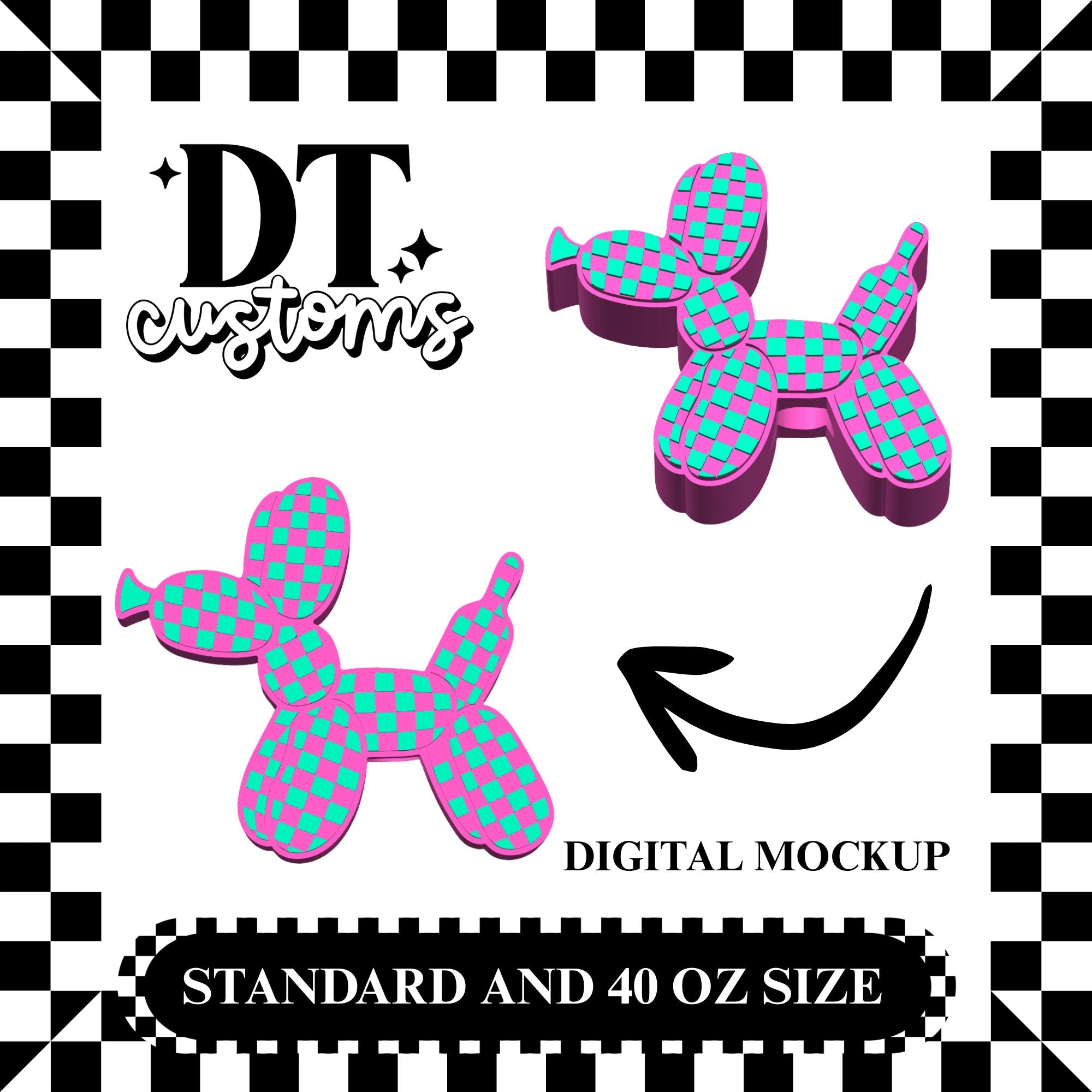 Wholesale Pink/Teal Checker Balloon Dog  3D Straw Topper