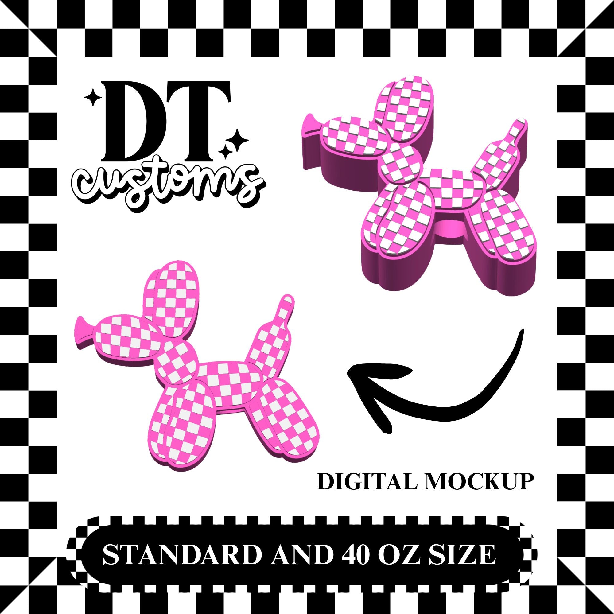 Wholesale Pink/White Checker Balloon Dog  3D Straw Topper