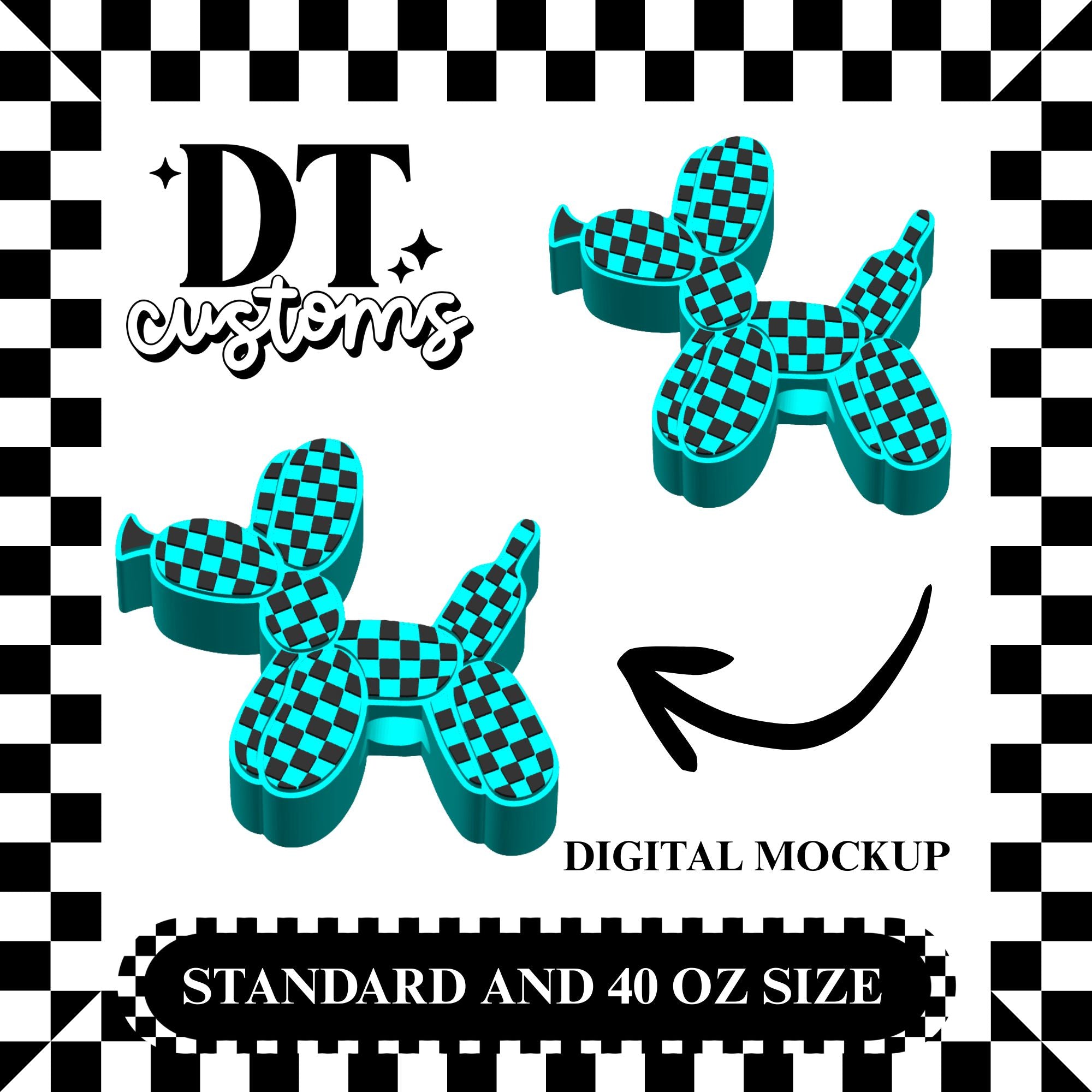Wholesale Teal/Black Checker Balloon Dog  3D Straw Topper