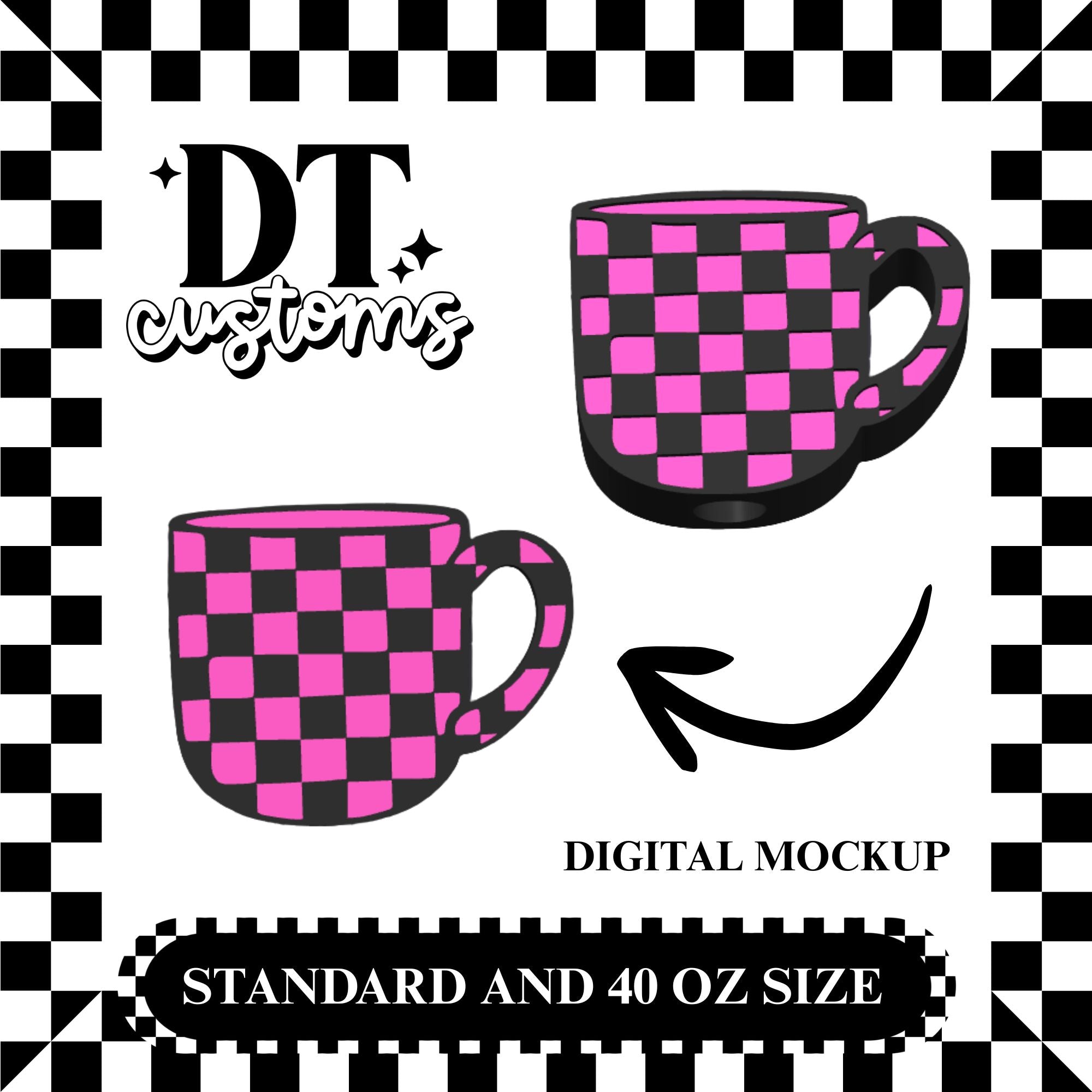 Wholesale Black/Pink Checker Mug  3D Straw Topper