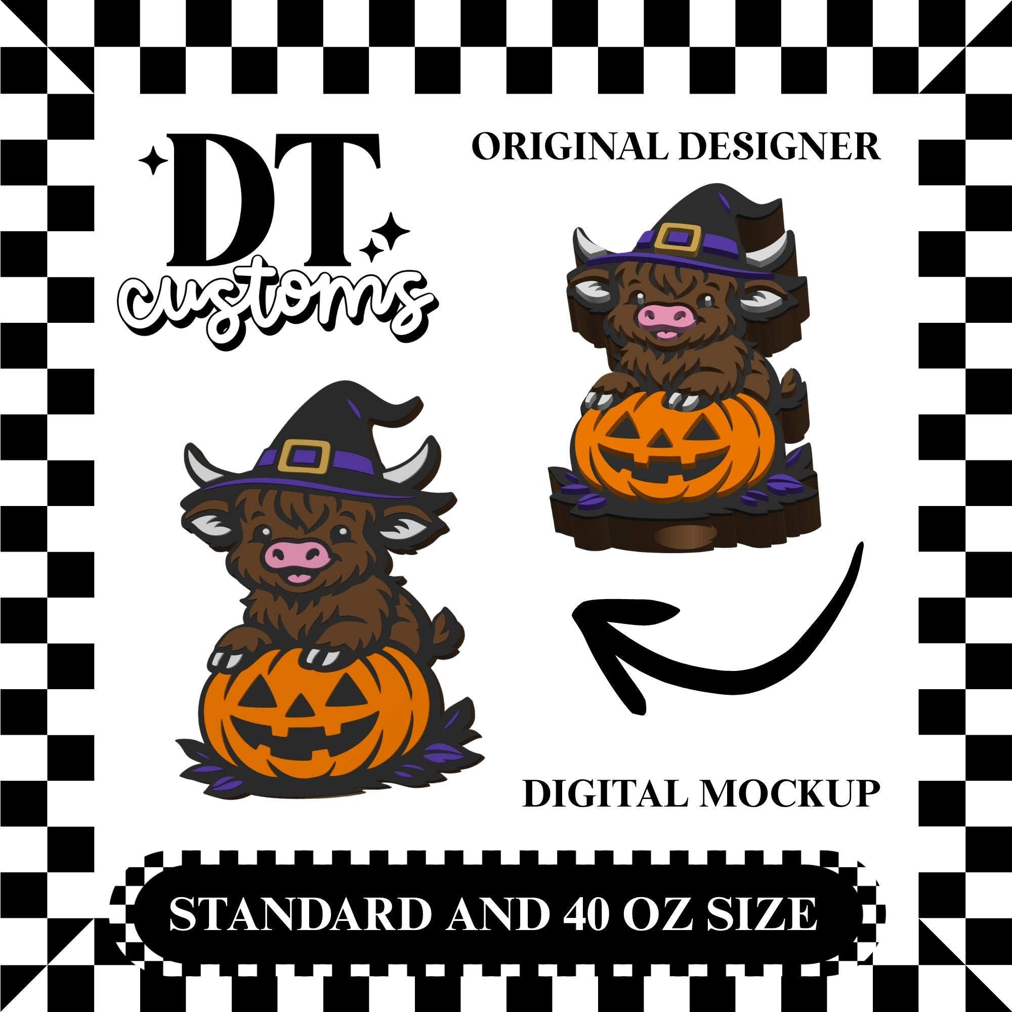 Wholesale Halloween Witch Highland Cow Straw Topper Designed By DT Customs