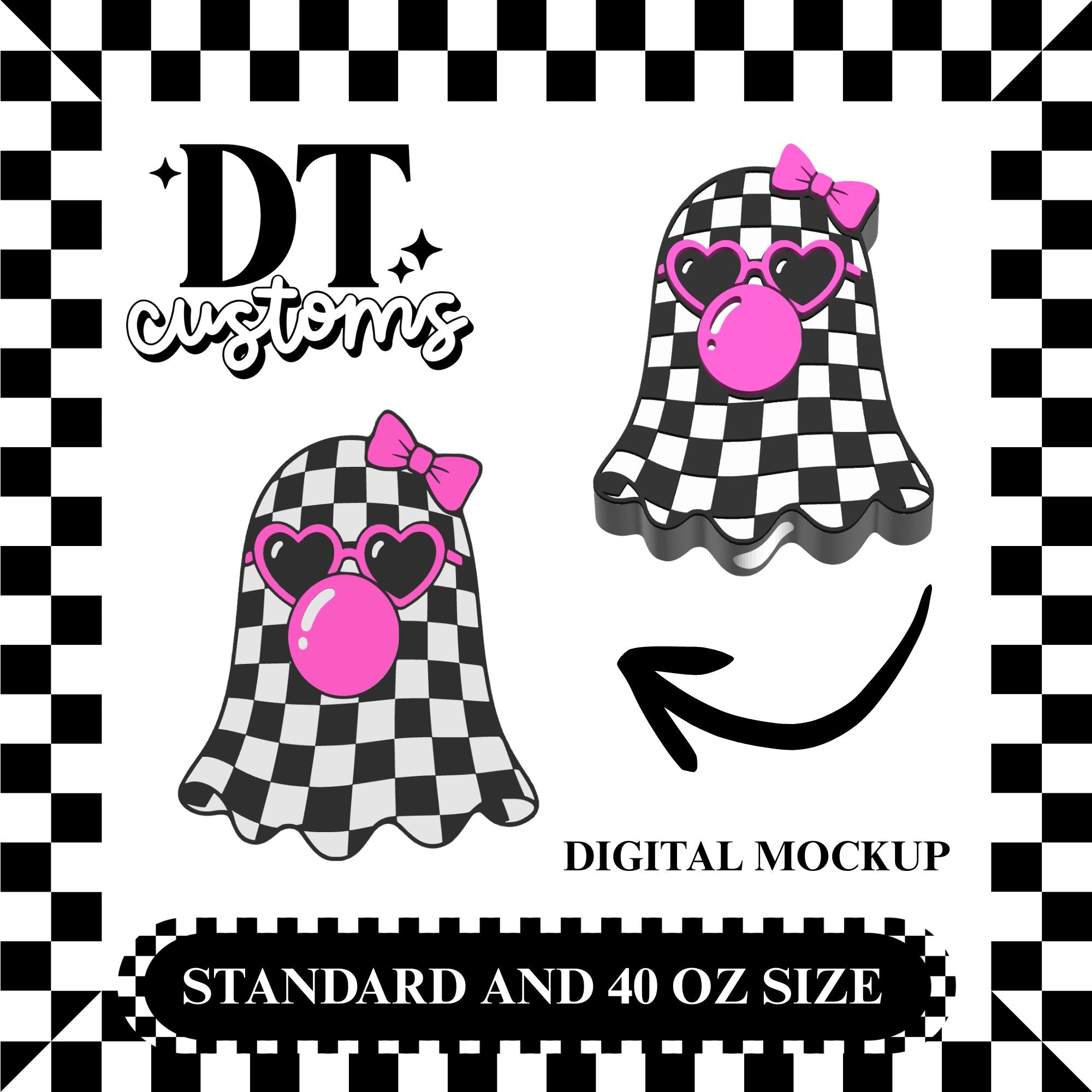 Wholesale Pink Accent Bubblegum Checker Ghostie 3D Straw Topper