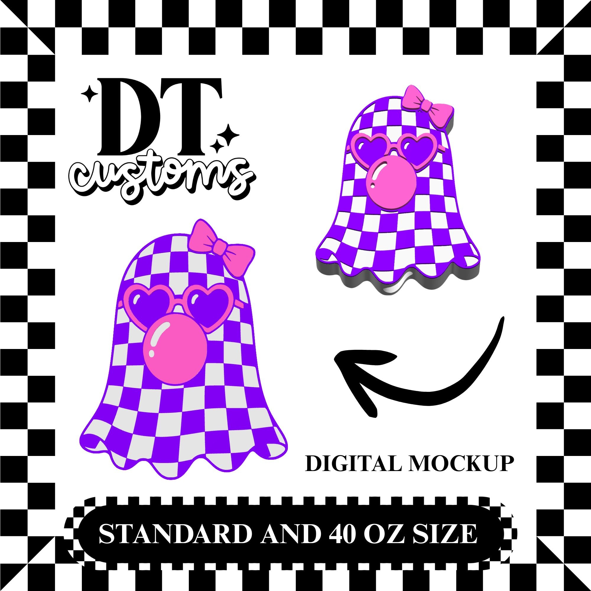 Wholesale Bubblegum Purple Checker Ghostie 3D Straw Topper