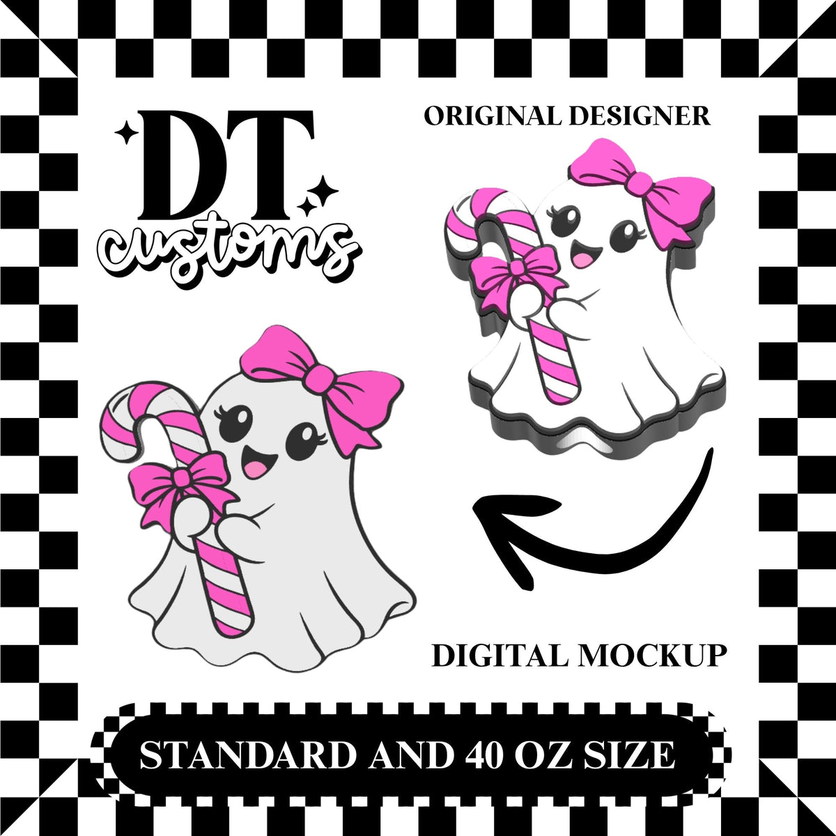Wholesale Pink Bow Ghost Candycane 3D Straw Topper Designed By DT Customs